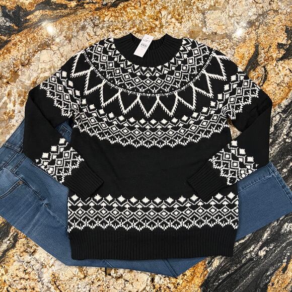**NWT LOFT Black & White Fair Isle Mock Neck Tunic Sweater - SIZE MEDIUM - Picture 2 of 7